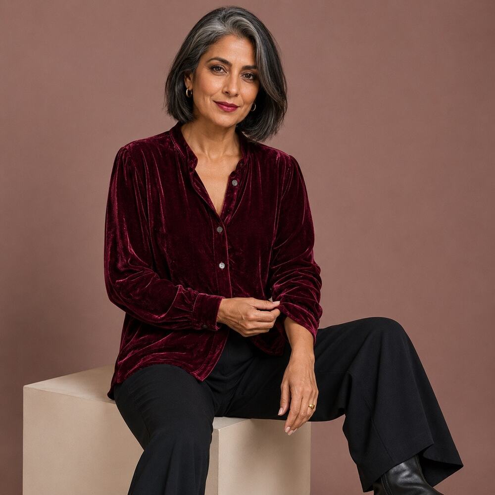 J Jill Burgundy Velvet Button Front Blouse XL Rayon Silk Peplum